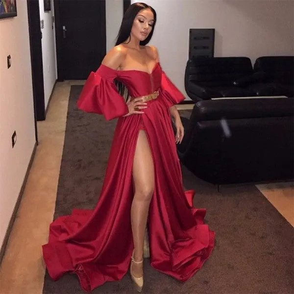 A-Line Off the Shoulder Red Split Front Long Prom Dresses with Belt Sleeves OKH8