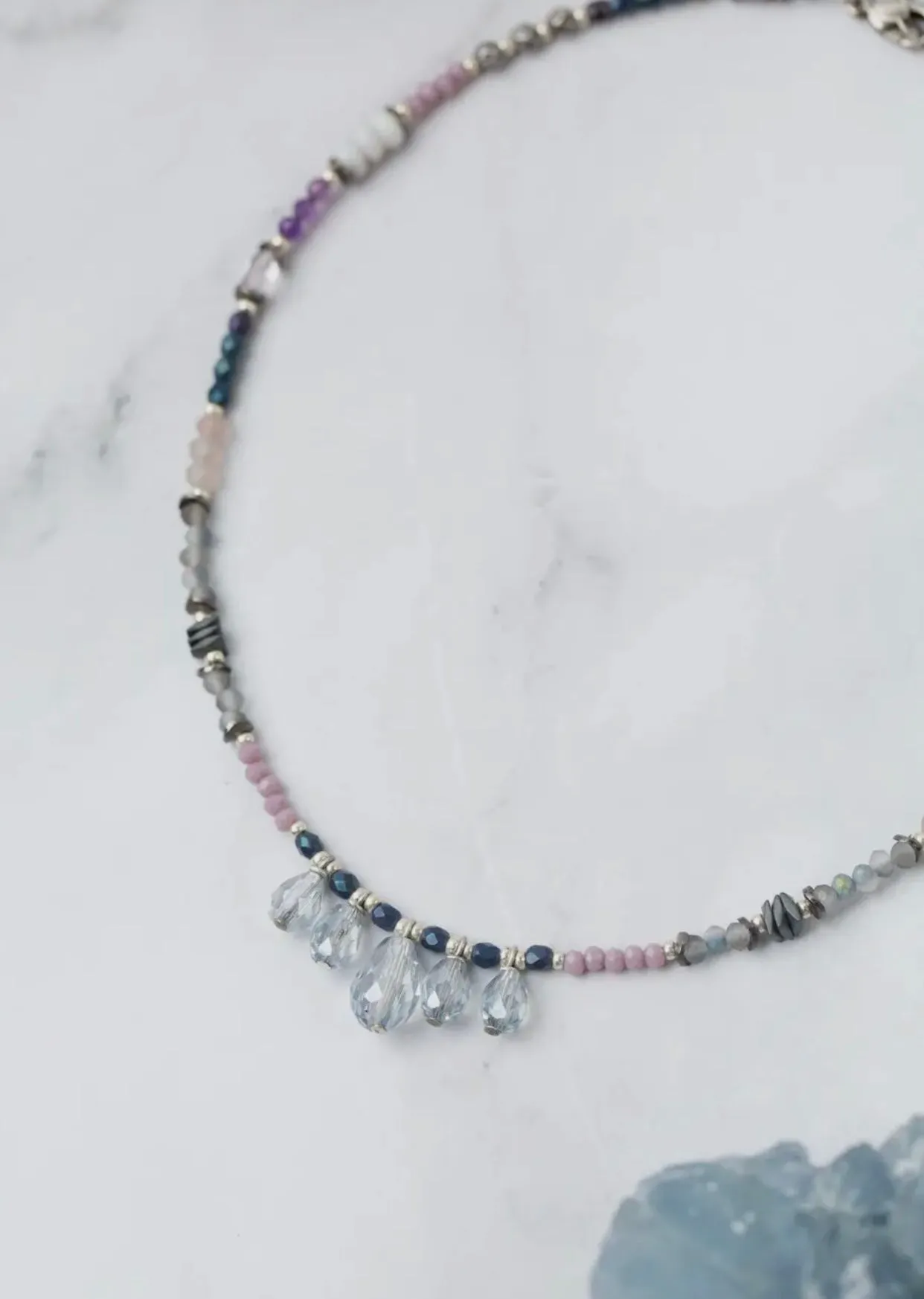 Anne Vaughan Reflections 15-17" Pearl, Czech Glass, Blue Lace Agate with Crystal Simple Necklace