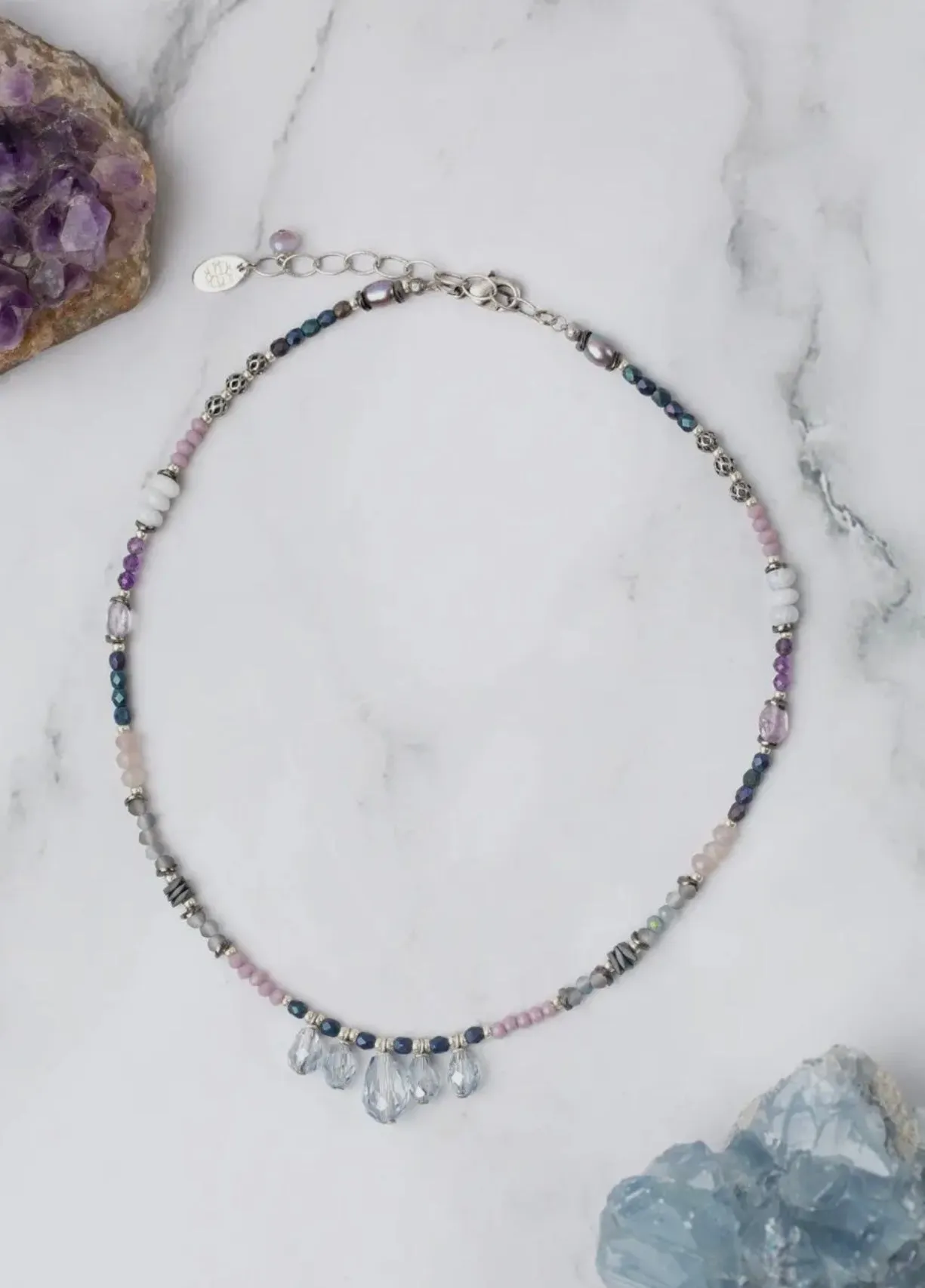 Anne Vaughan Reflections 15-17" Pearl, Czech Glass, Blue Lace Agate with Crystal Simple Necklace