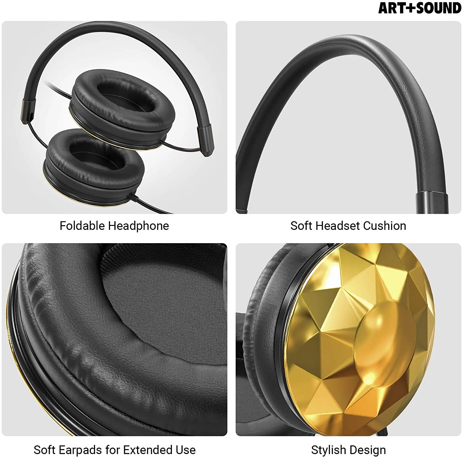 Art & Sound Faceted On-Ear Wired Headphones | Over The Ear Wired Stereo Headphones with Adjustable Headband, Soft Ear Cushioned Pads, Foldable Design – 3.5mm Jack (Gold)