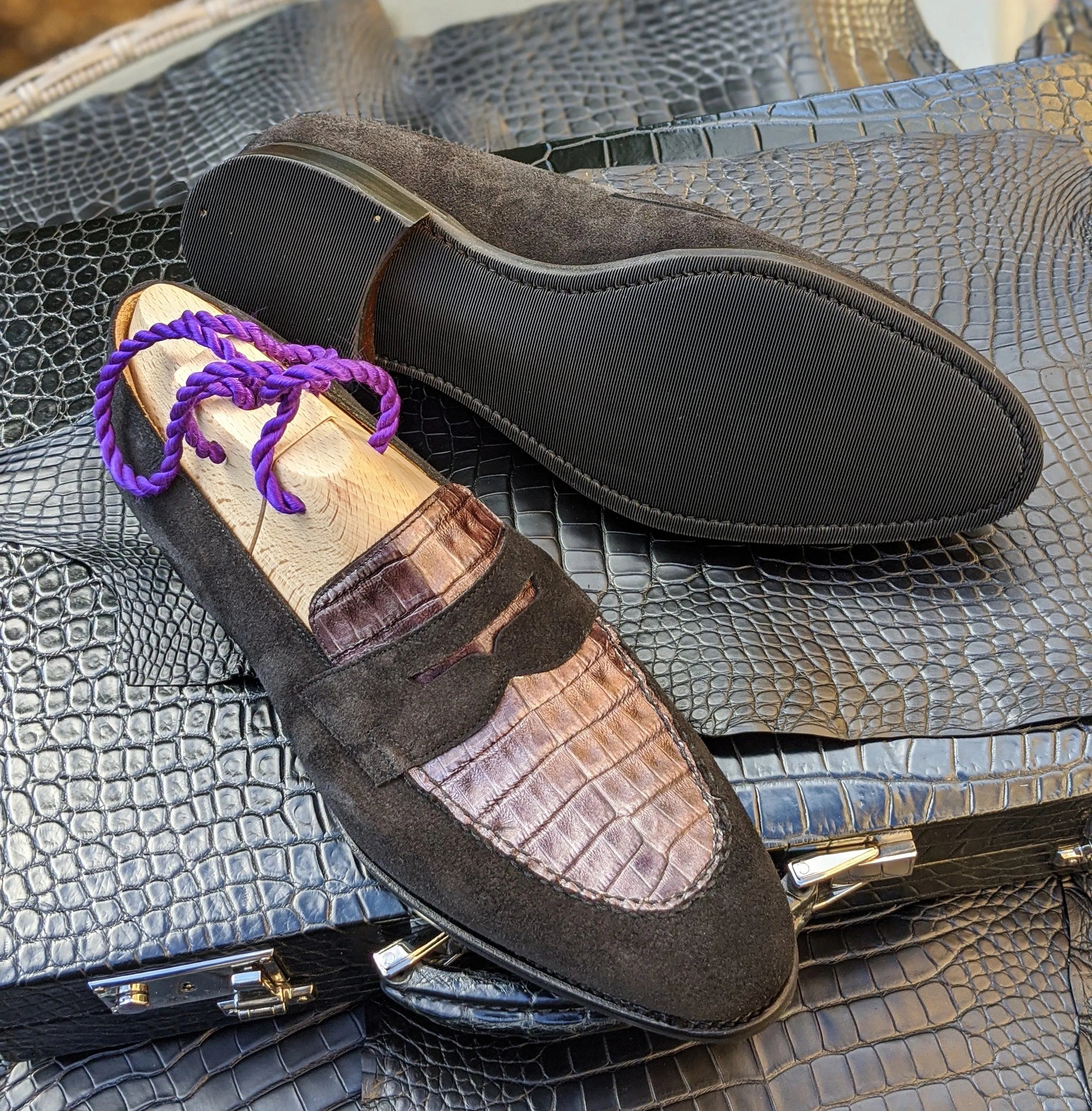 Ascot Sinatra - Black Suede & Silver Crocodile