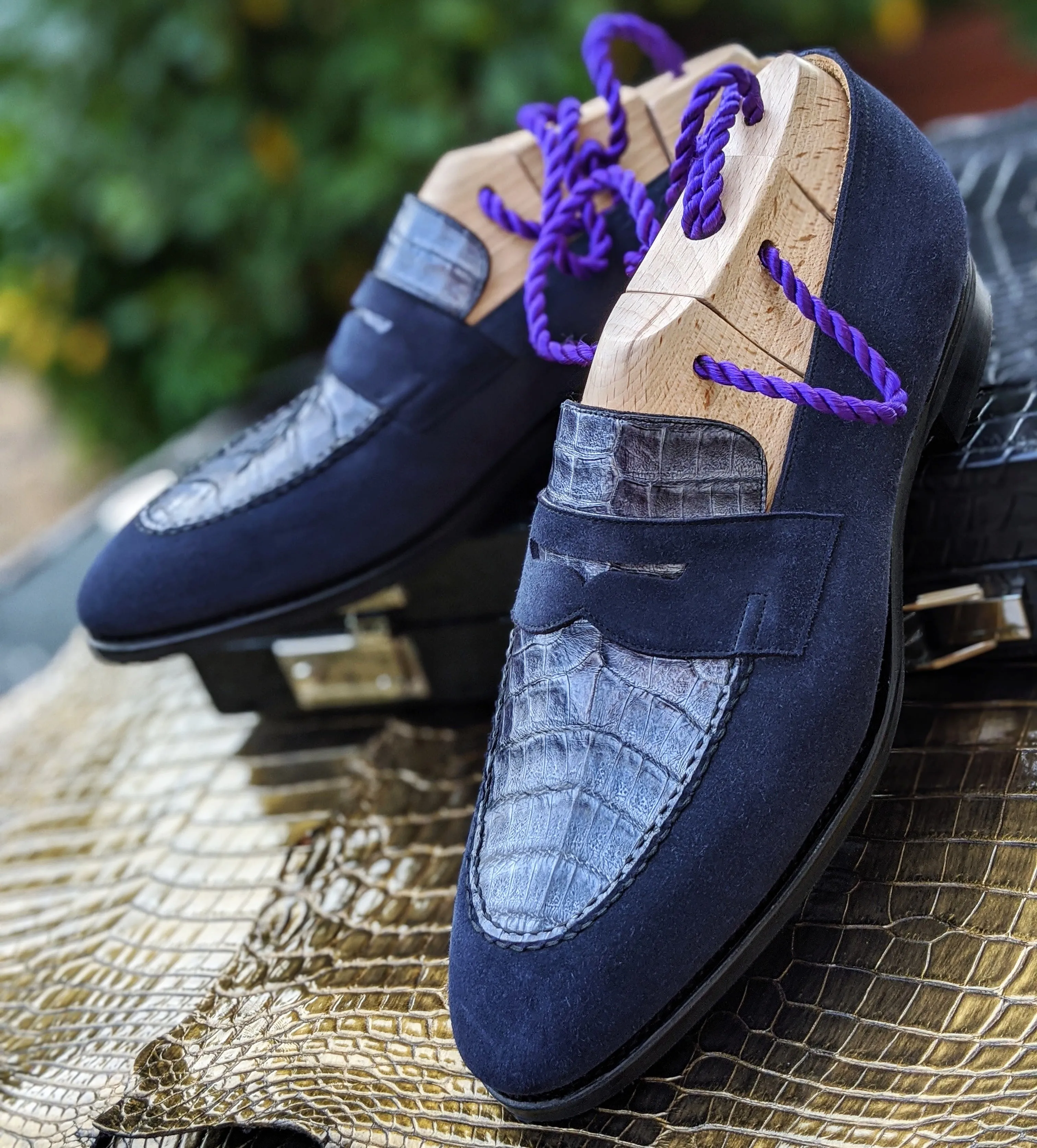 Ascot Sinatra - Navy Suede & Blue Caiman Crocodile