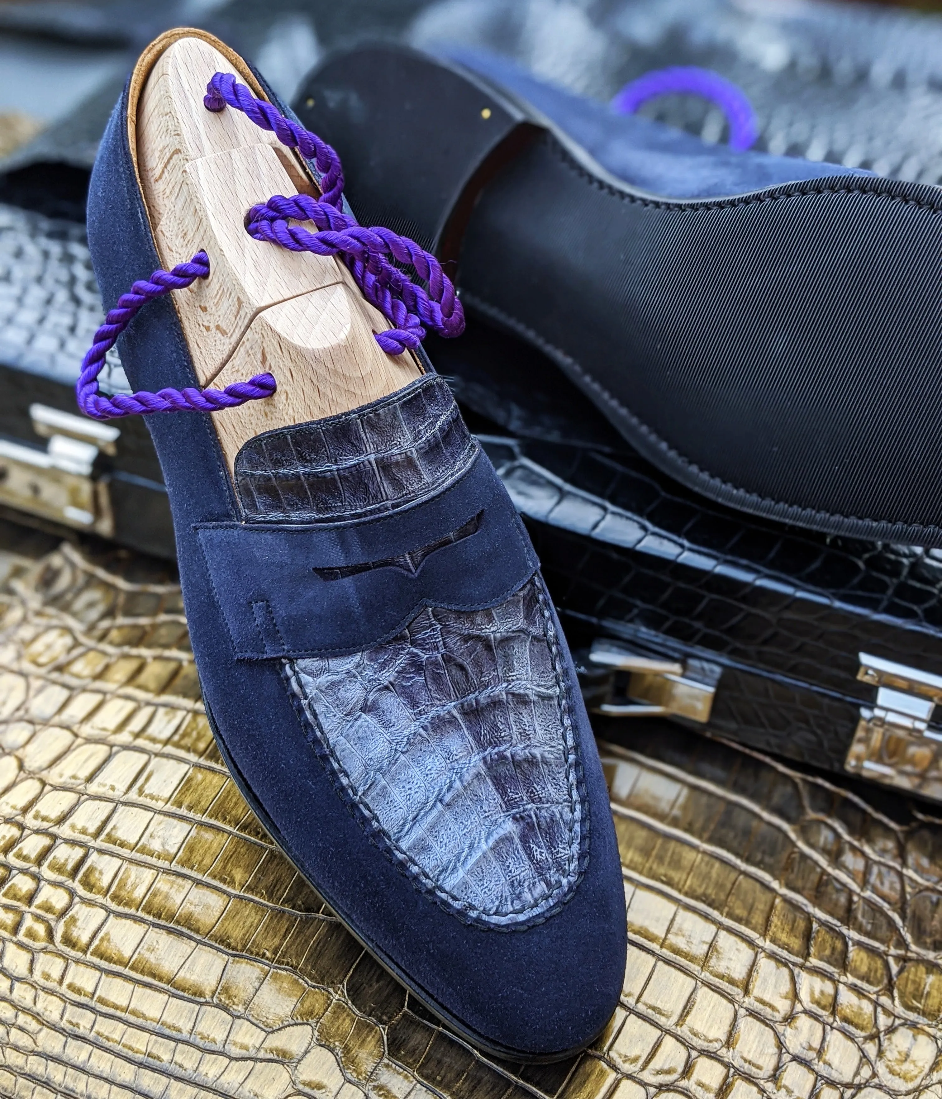 Ascot Sinatra - Navy Suede & Navy Caiman Crocodile