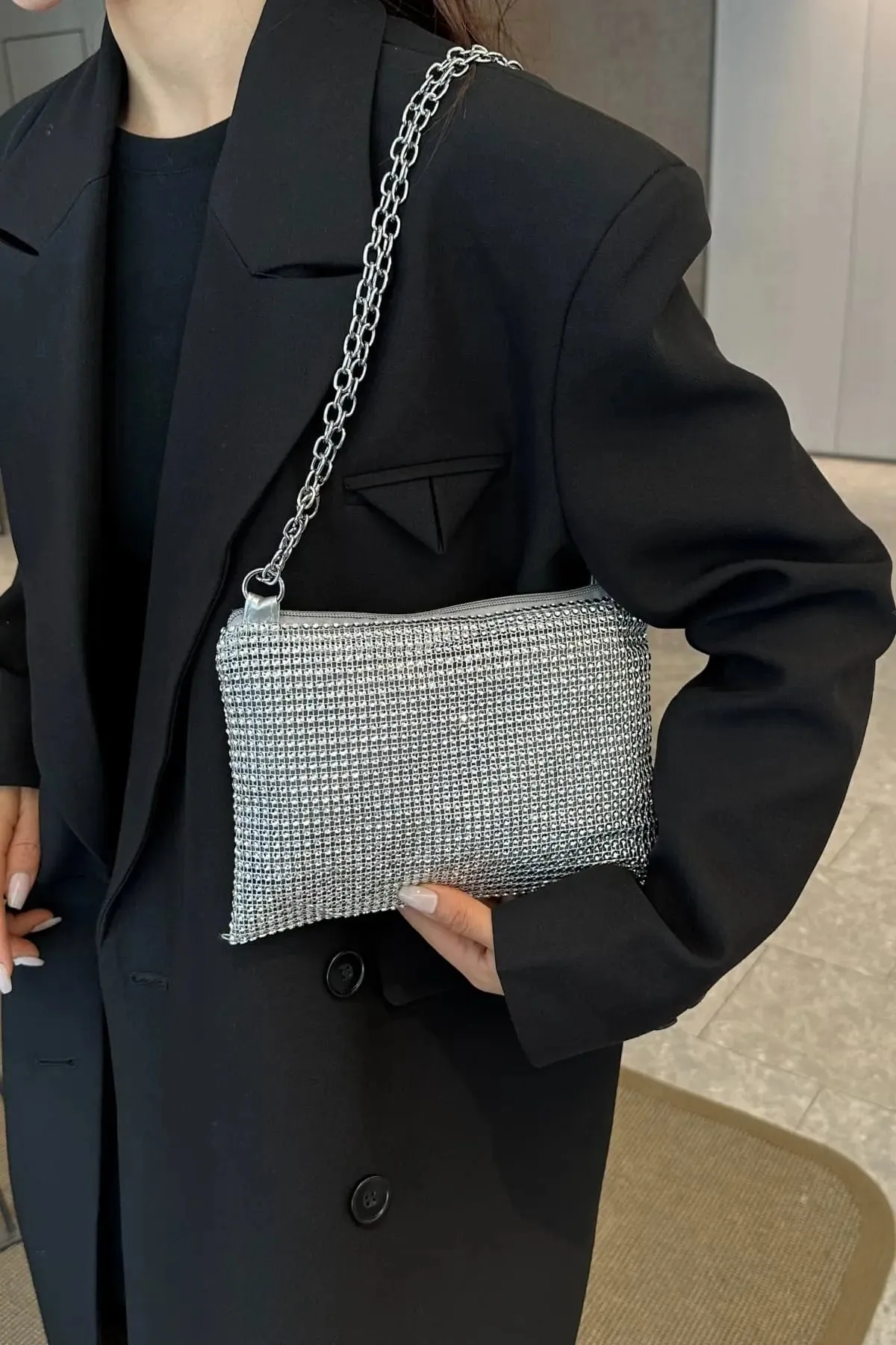 'Aya' Metal Chain Rhinestone Crossbody Bag