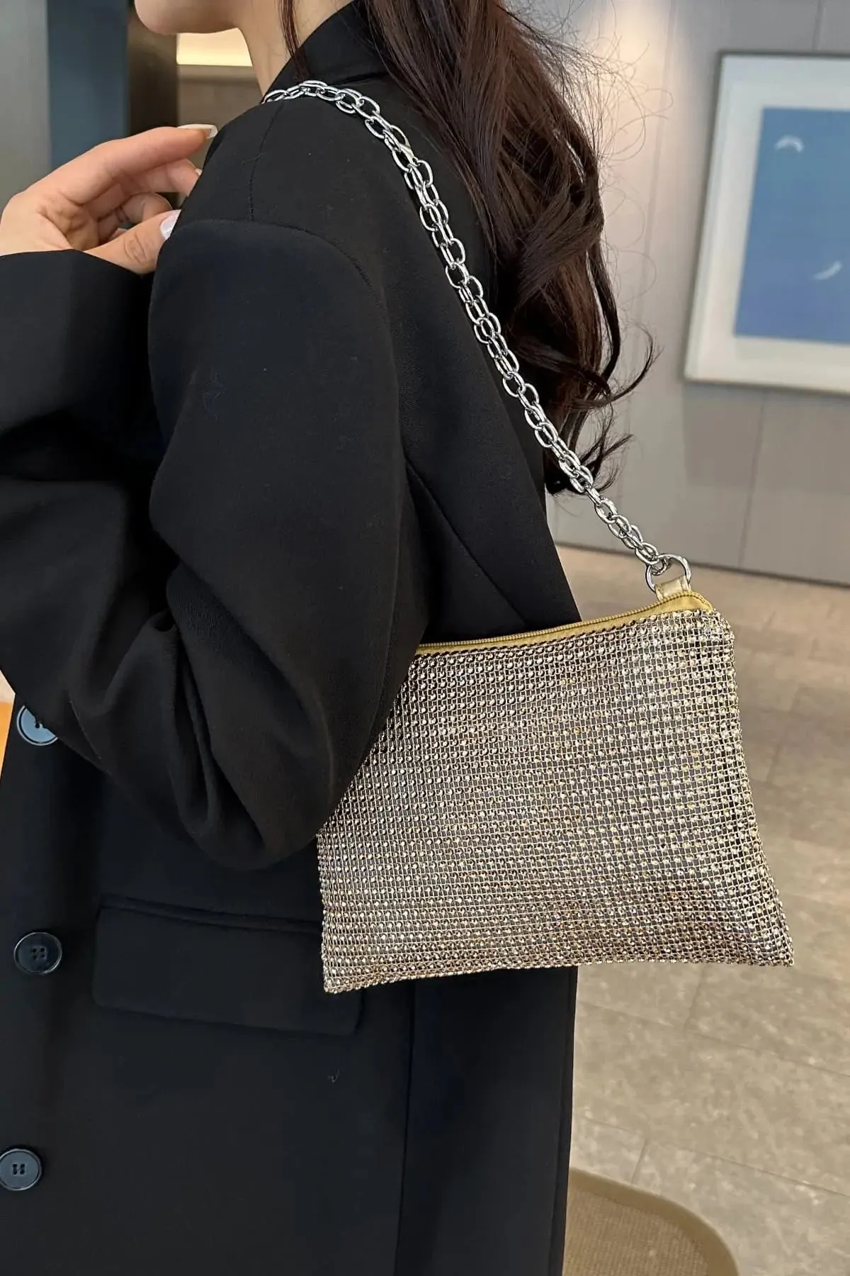 'Aya' Metal Chain Rhinestone Crossbody Bag
