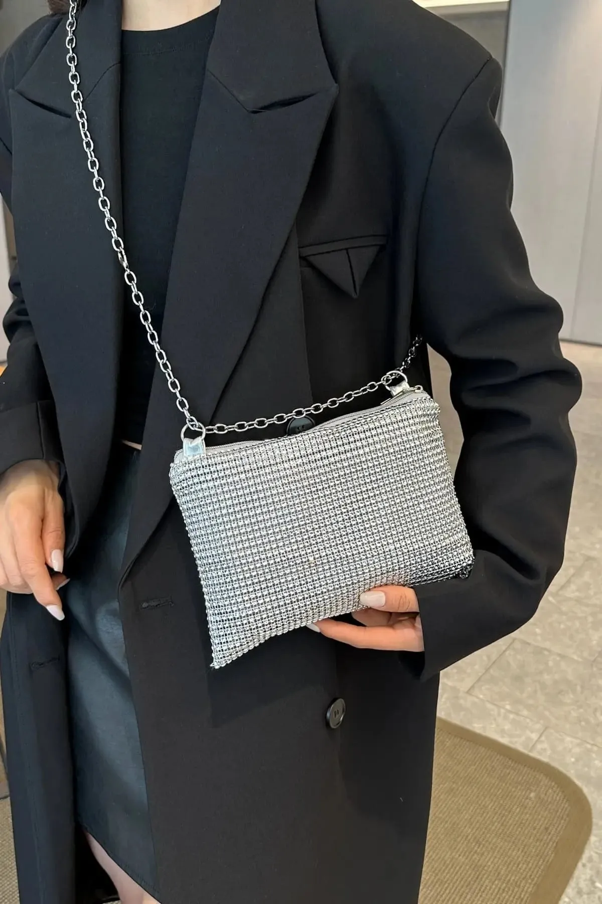 'Aya' Metal Chain Rhinestone Crossbody Bag