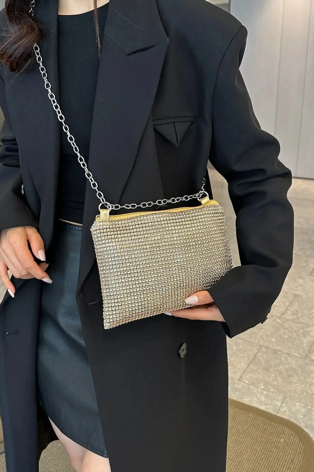'Aya' Metal Chain Rhinestone Crossbody Bag