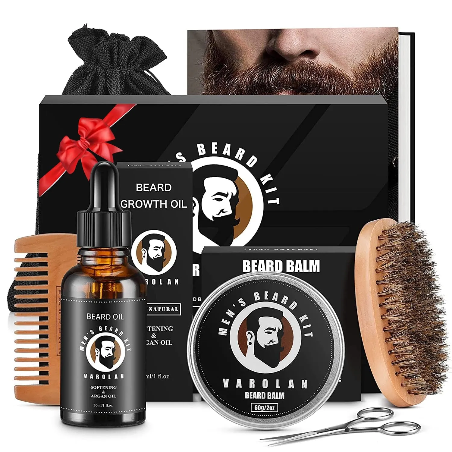 Beard Growth and Grooming Kit - Growth Oil (2Oz), Balm, Comb, E-Book, Storage Bag, Mustache Mens Gift Set for Him
