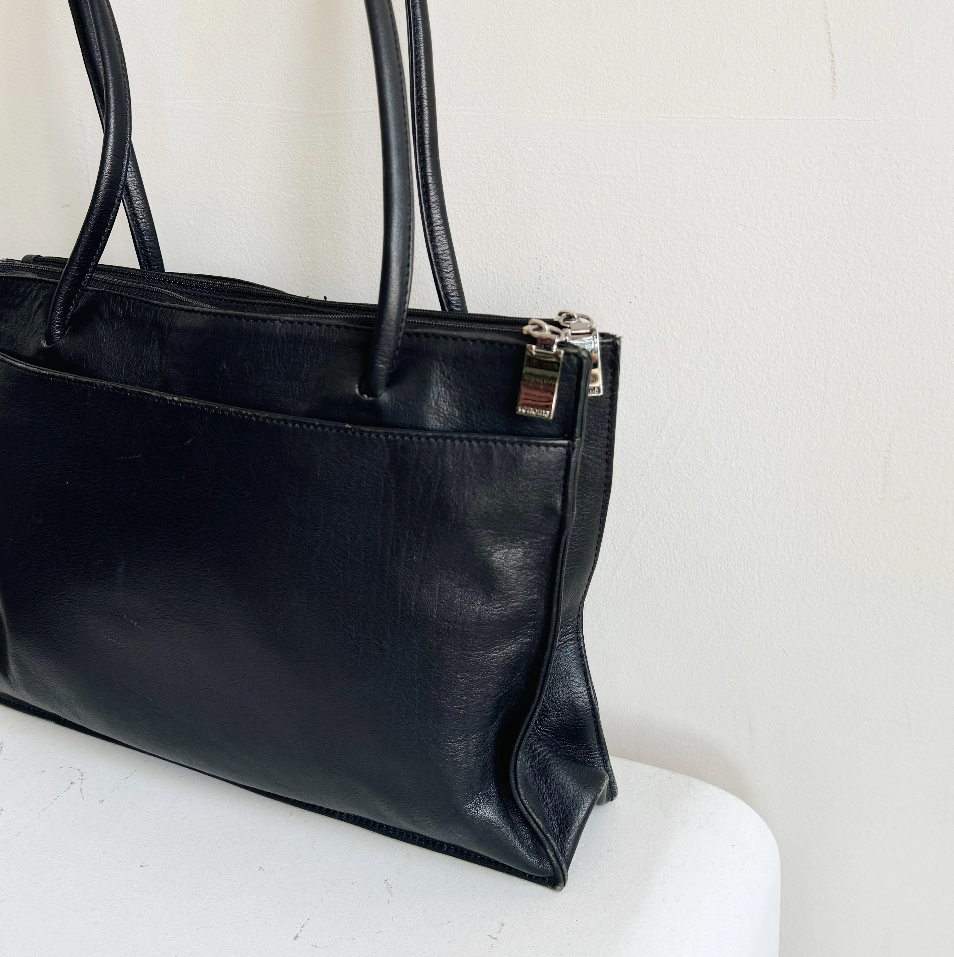 Black Rectangle Leather Shoulder Tote