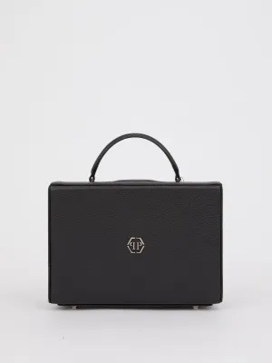 Black Textured Leather Handle Bag