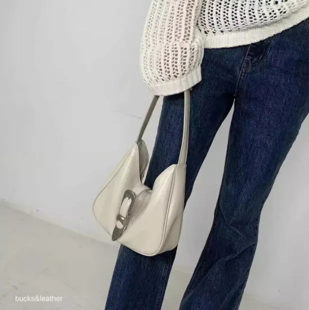 Bucks & Leather - Glossy Leather Buckle HOBO Handbag