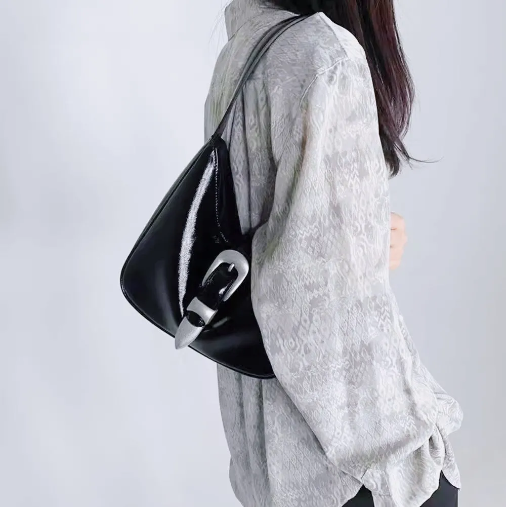Bucks & Leather - Glossy Leather Buckle HOBO Handbag