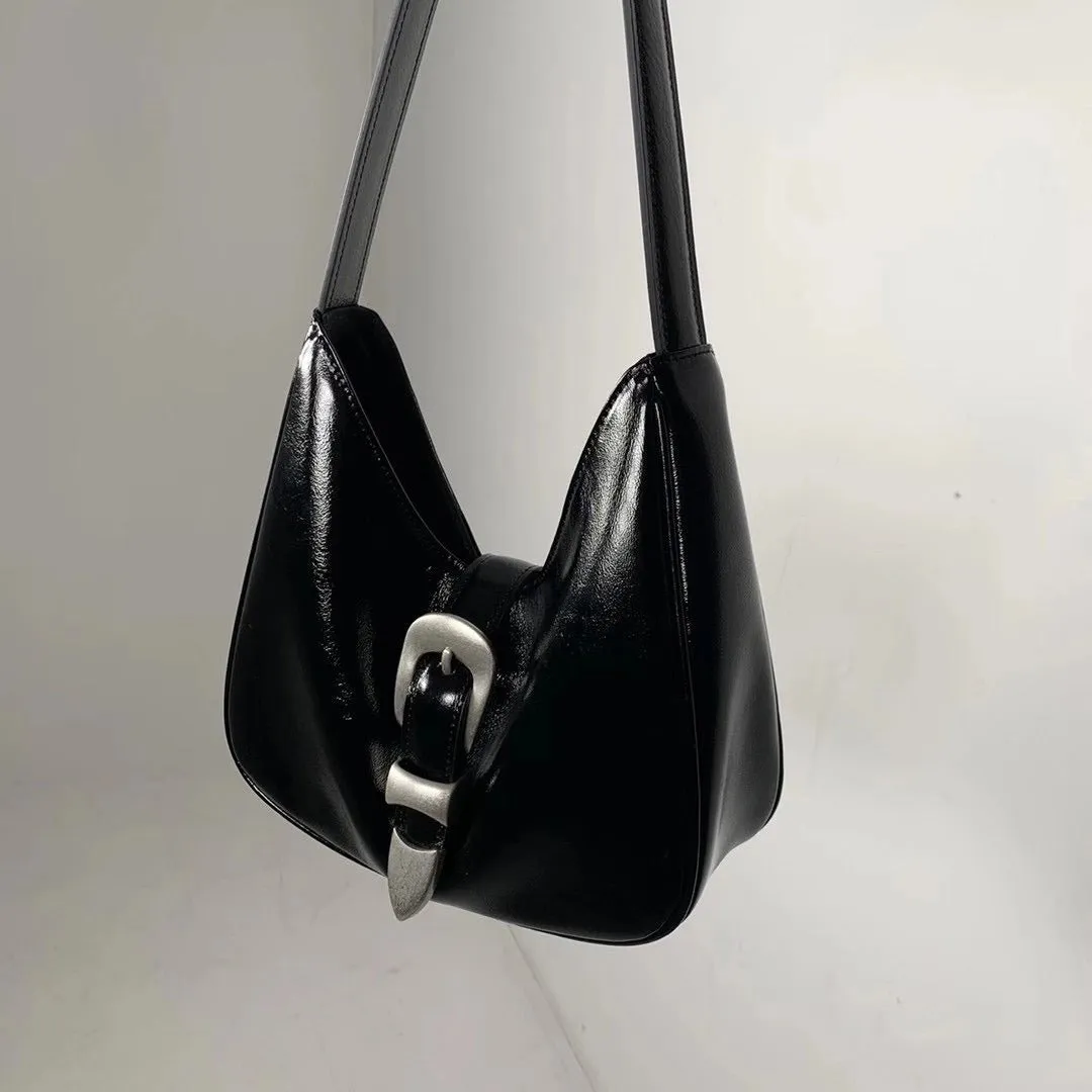 Bucks & Leather - Glossy Leather Buckle HOBO Handbag
