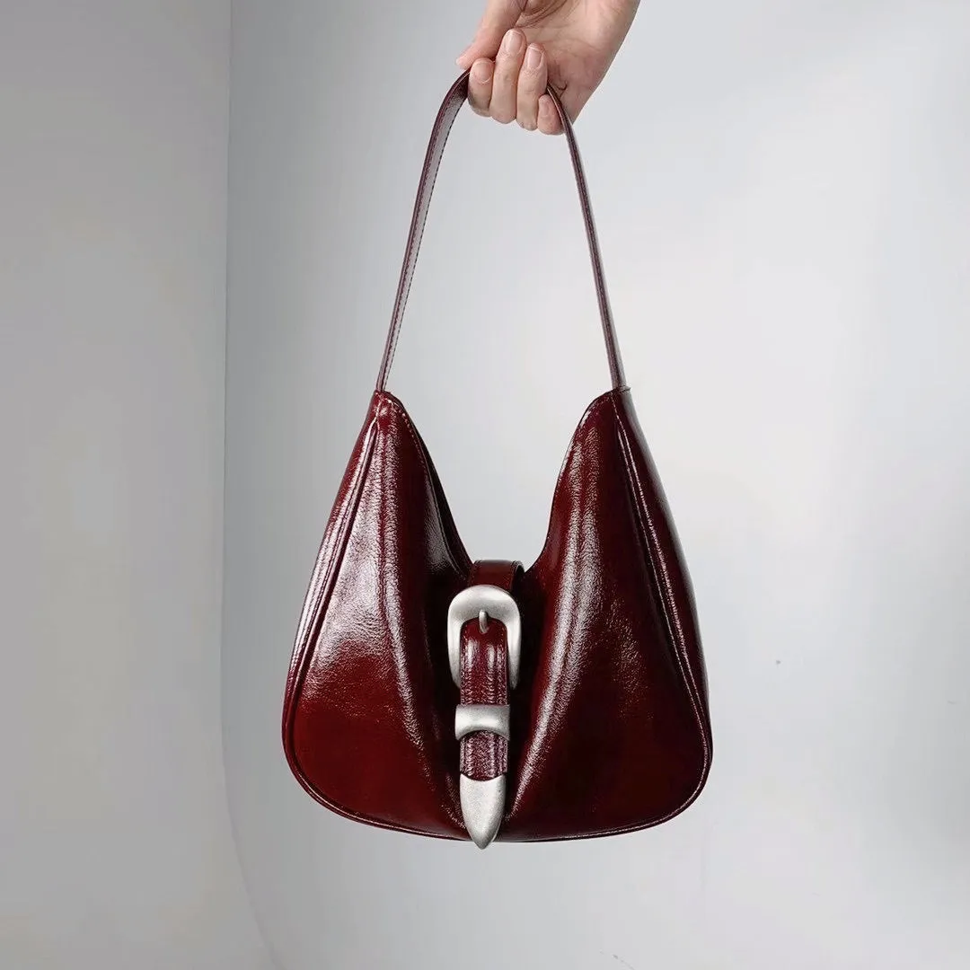 Bucks & Leather - Glossy Leather Buckle HOBO Handbag