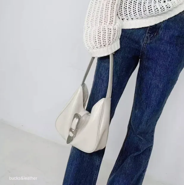 Bucks & Leather - Glossy Leather Buckle HOBO Handbag