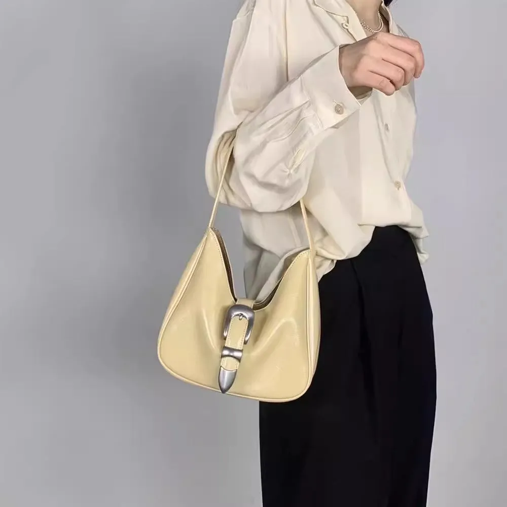 Bucks & Leather - Glossy Leather Buckle HOBO Handbag