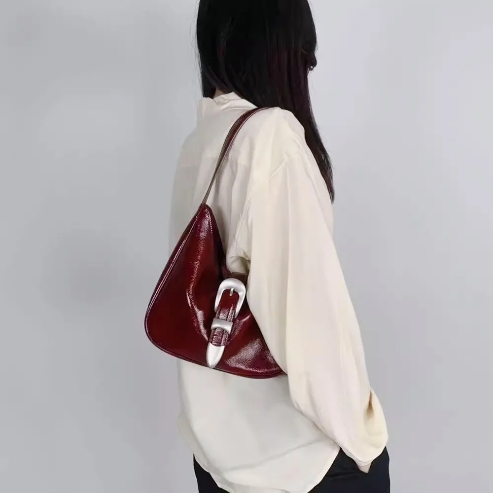 Bucks & Leather - Glossy Leather Buckle HOBO Handbag