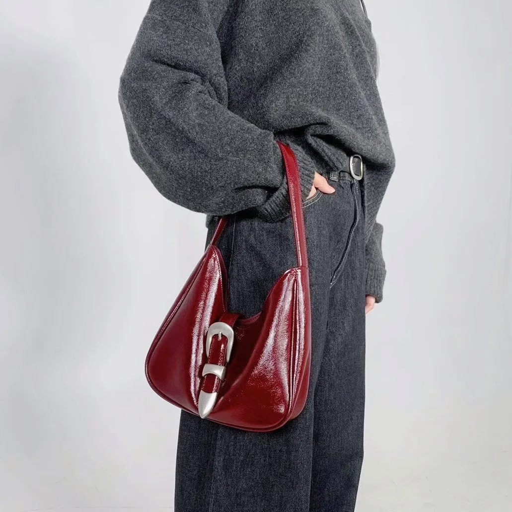 Bucks & Leather - Glossy Leather Buckle HOBO Handbag