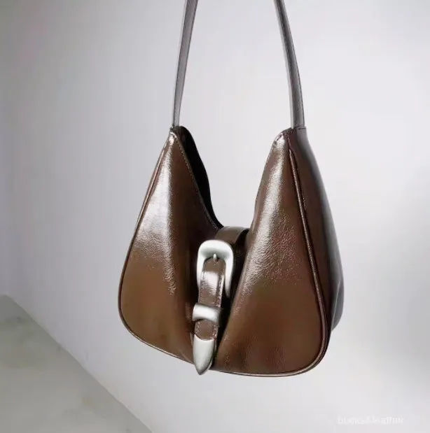 Bucks & Leather - Glossy Leather Buckle HOBO Handbag