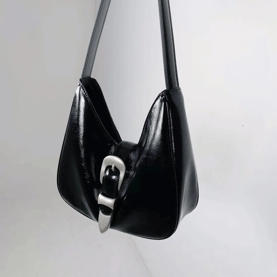 Bucks & Leather - Glossy Leather Buckle HOBO Handbag