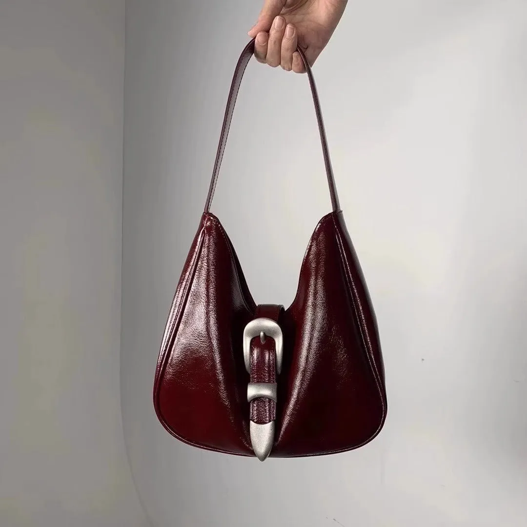 Bucks & Leather - Glossy Leather Buckle HOBO Handbag