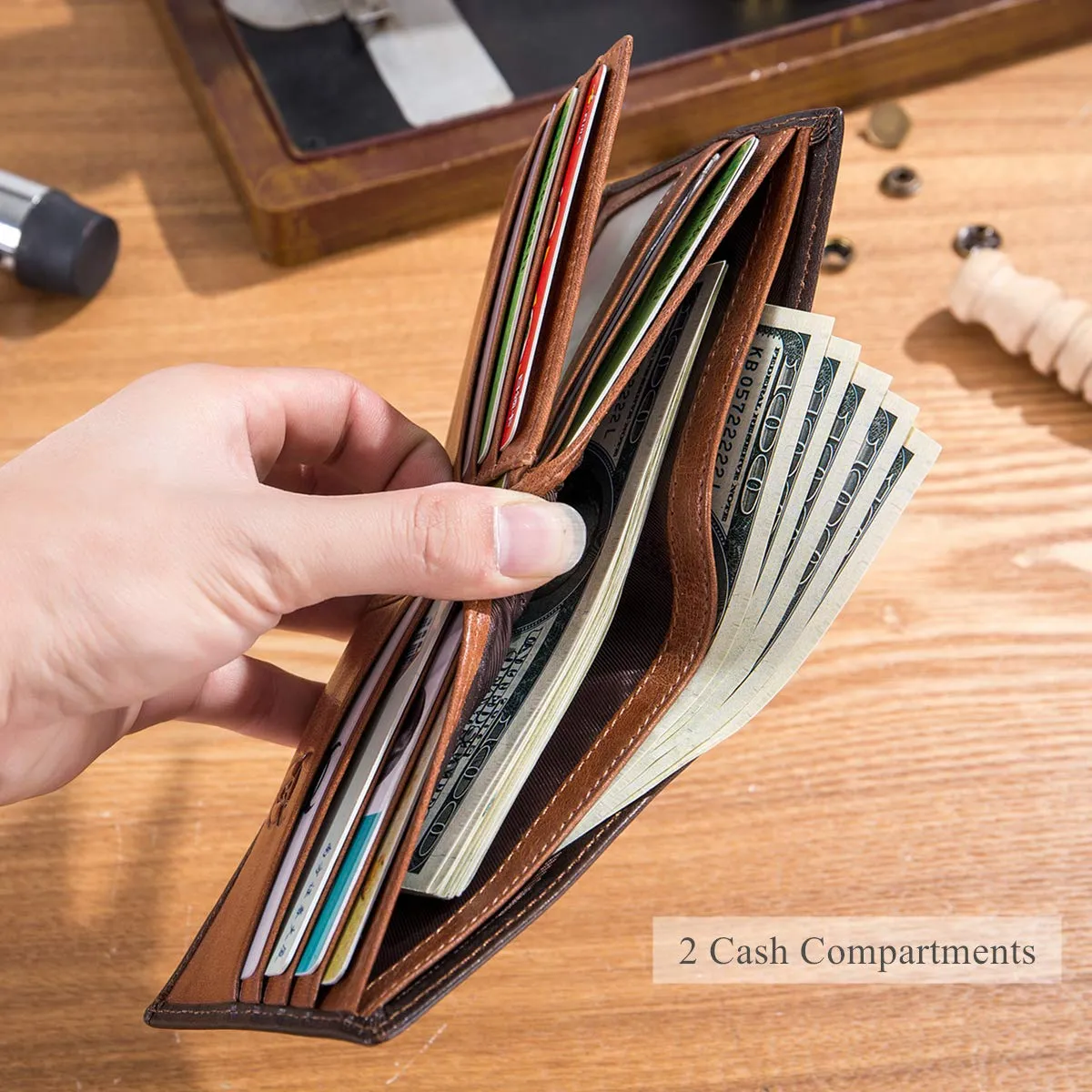 BULLCAPTAIN RFID Wallets for Men Slim Bifold Genuine Leather Front Pocket Wallet with 2 ID Windows QB-05 (Brown)