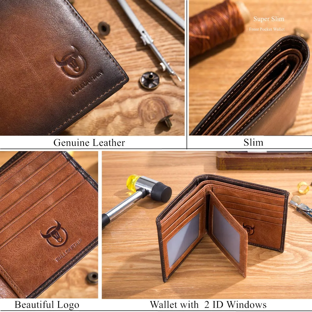 BULLCAPTAIN RFID Wallets for Men Slim Bifold Genuine Leather Front Pocket Wallet with 2 ID Windows QB-05 (Brown)