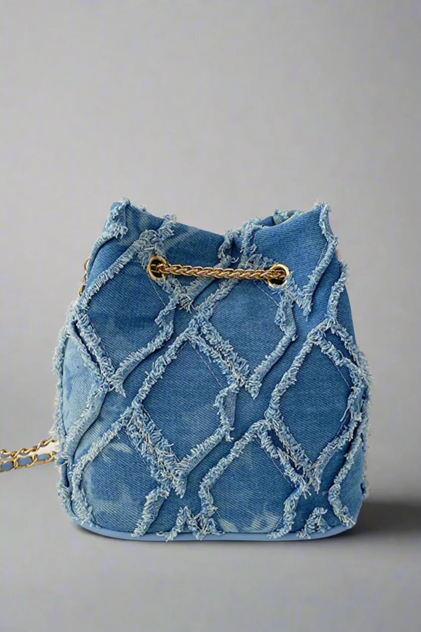 Chain Drawstring Raw Edge Denim Bucket Bag