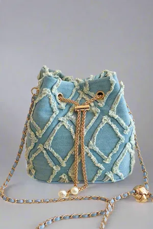 Chain Drawstring Raw Edge Denim Bucket Bag