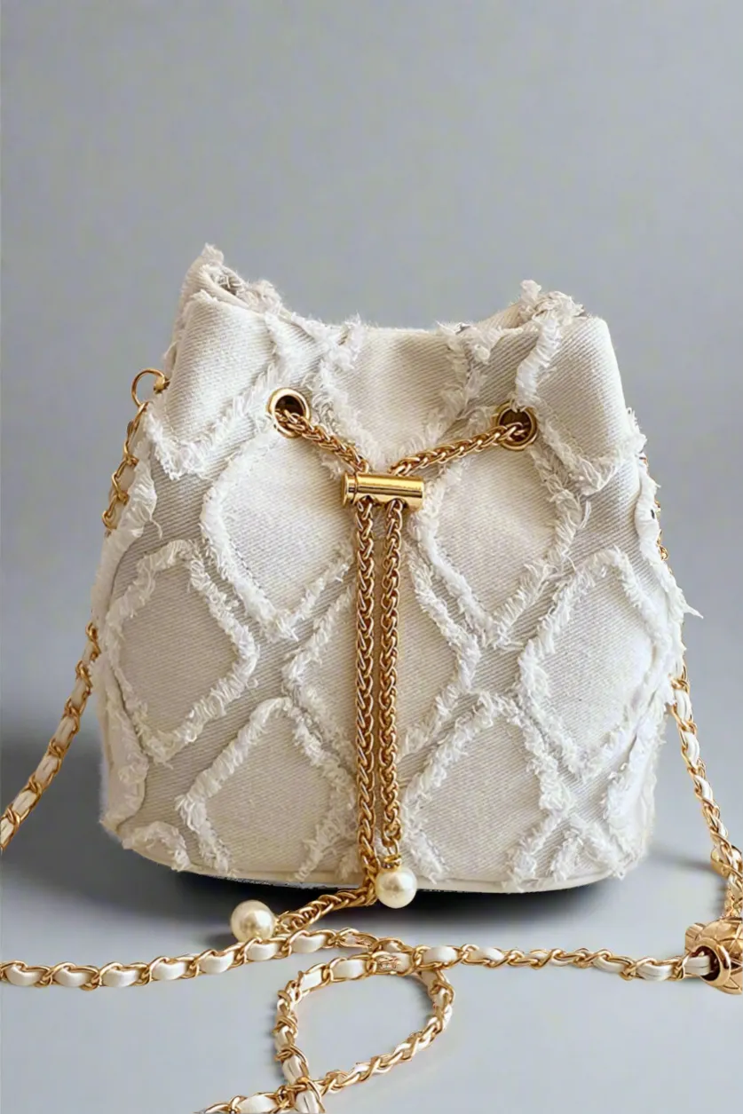 Chain Drawstring Raw Edge Denim Bucket Bag
