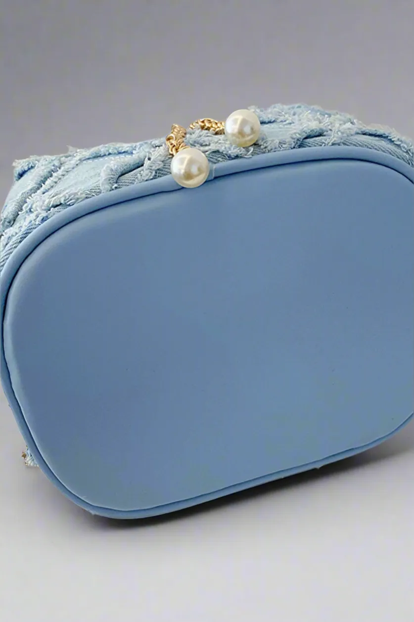 Chain Drawstring Raw Edge Denim Bucket Bag