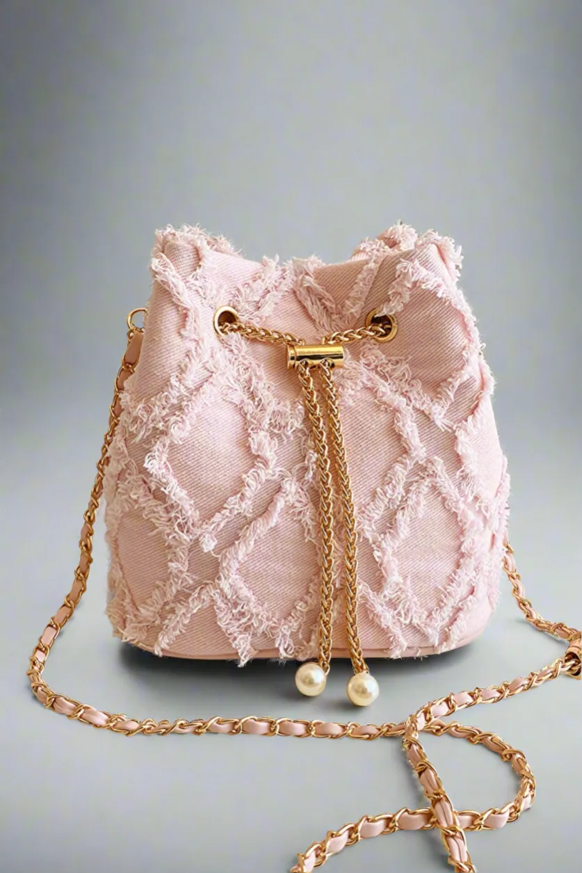 Chain Drawstring Raw Edge Denim Bucket Bag