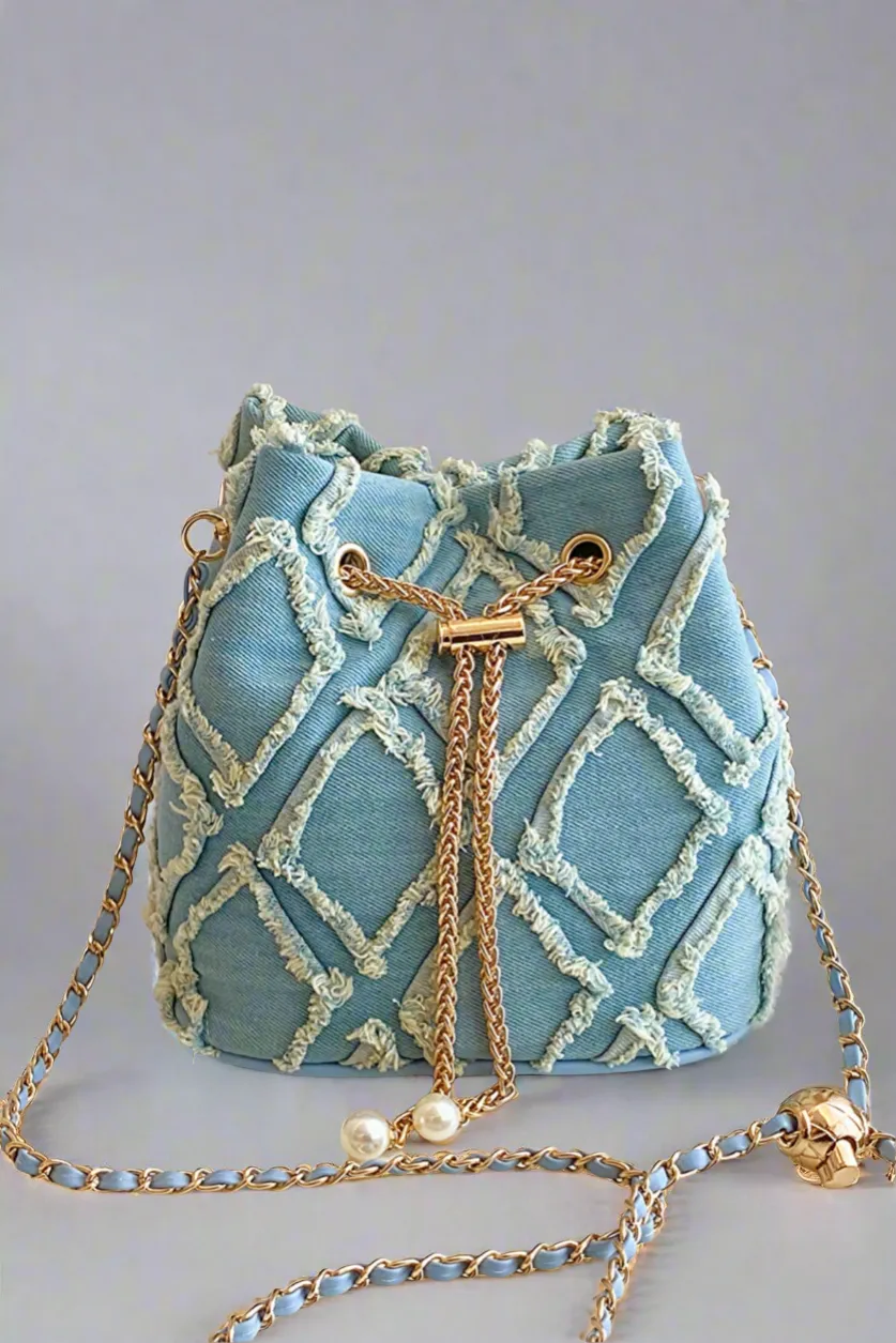 Chain Drawstring Raw Edge Denim Bucket Bag