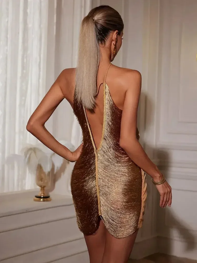 Chic Glossy Tassels Women's Halter Sling Mini Dress