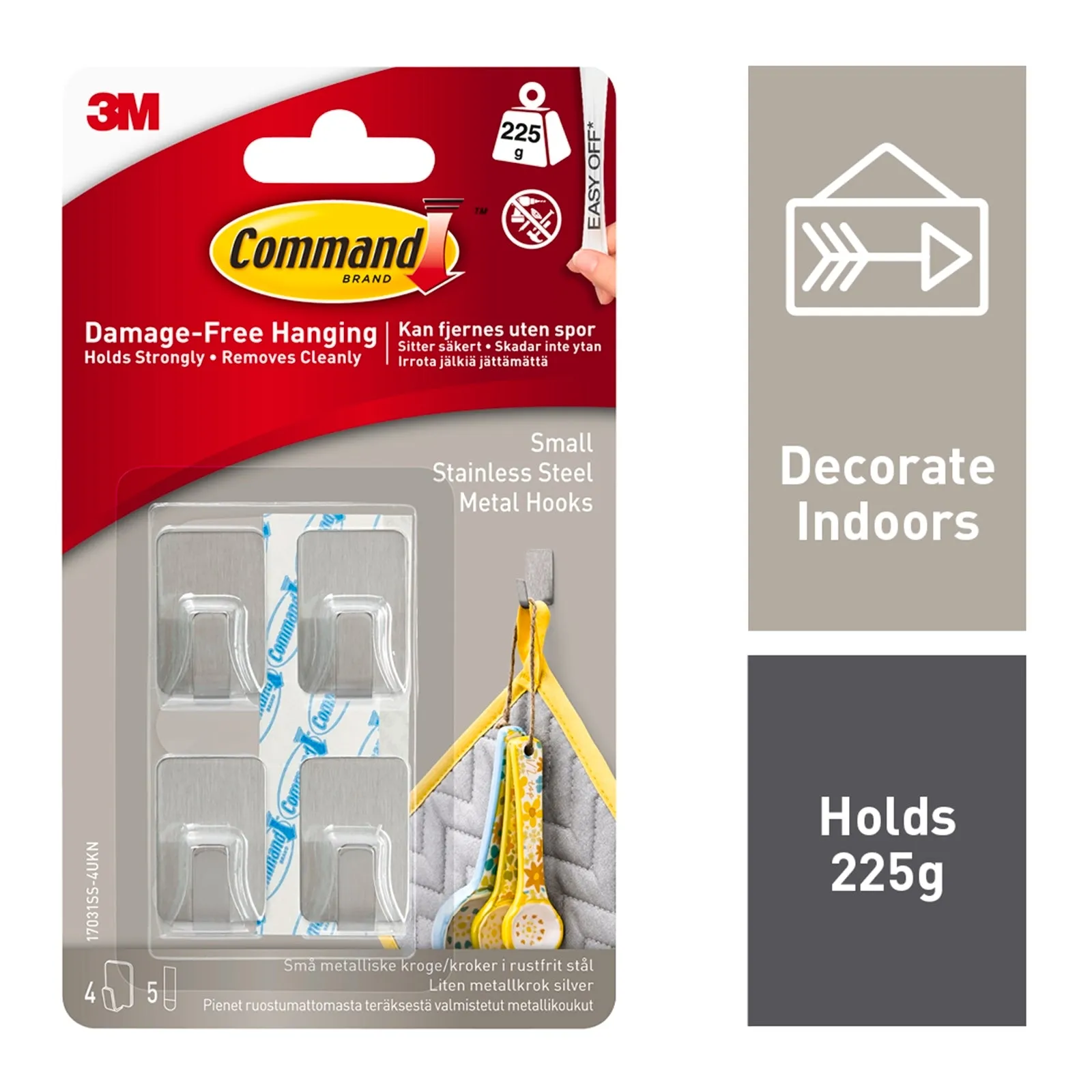 Command Small Silver Adhesive Stainless Steel Metal Wall Hook - 4 Pack