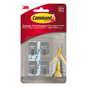 Command Small Silver Adhesive Stainless Steel Metal Wall Hook - 4 Pack