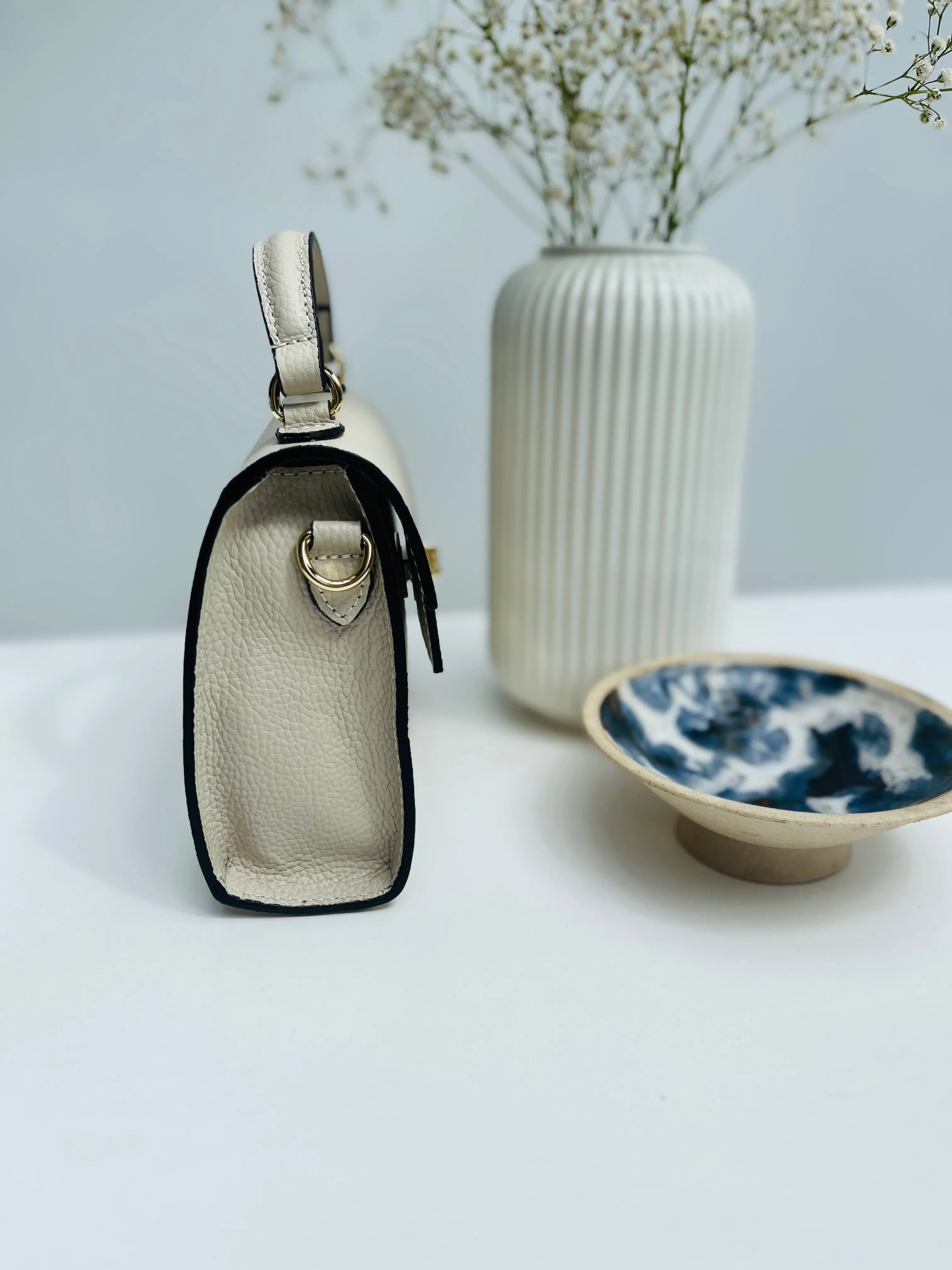 Cream Leather Box Crossbody Bag