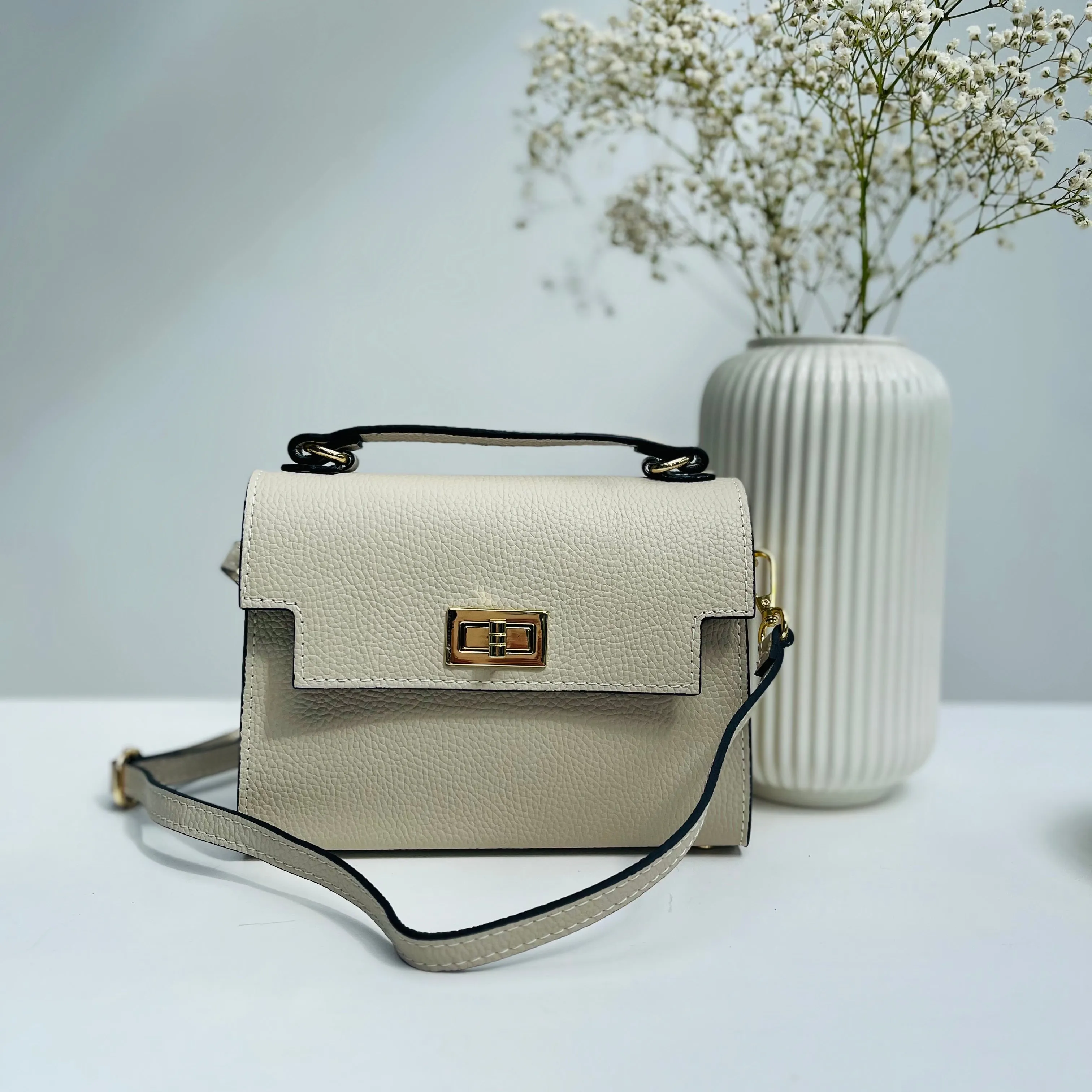 Cream Leather Box Crossbody Bag