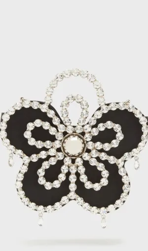 Elysa Flower Diamante Satin Clutch - Black