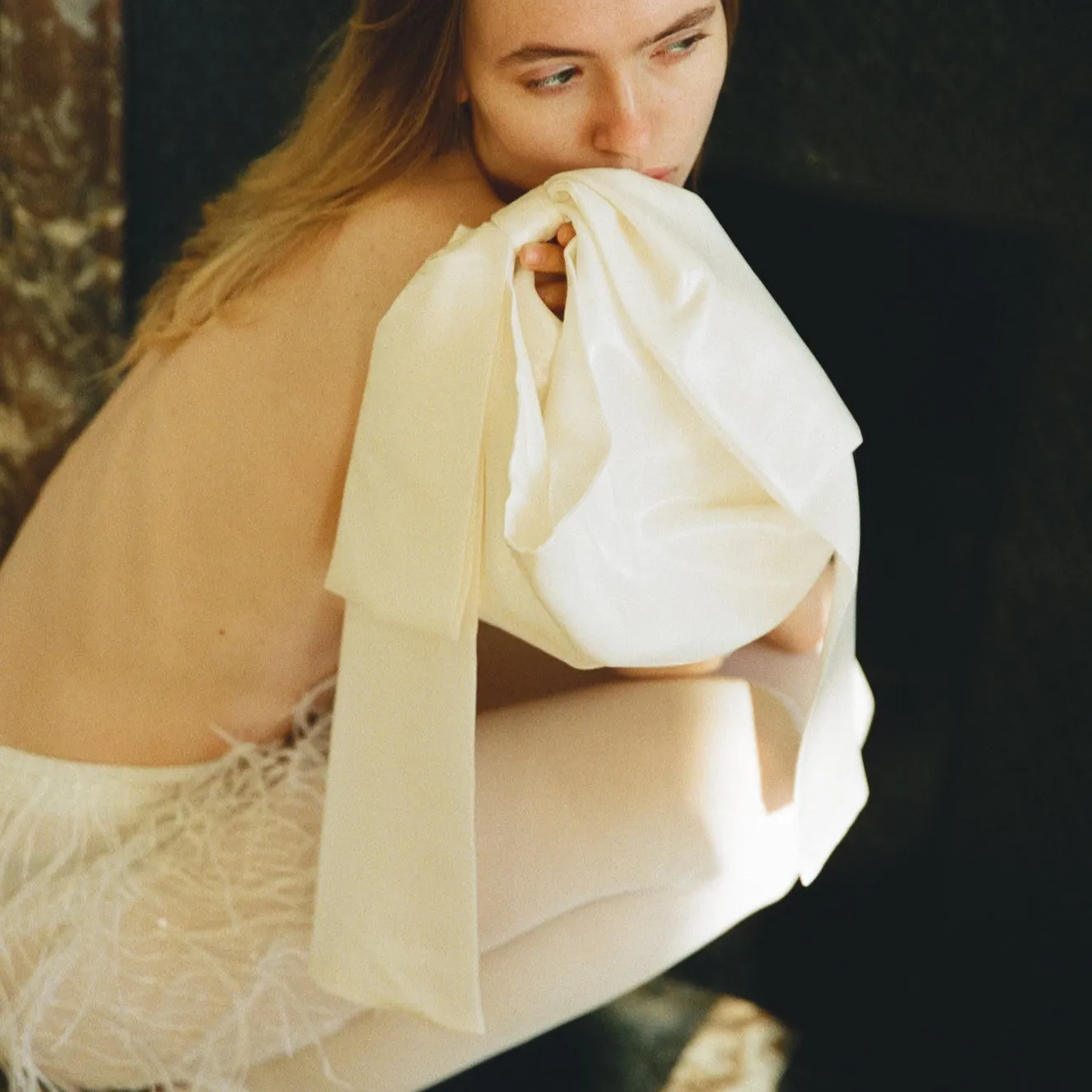 Exaggerated Bow Bag - White Metallic Silk Twill