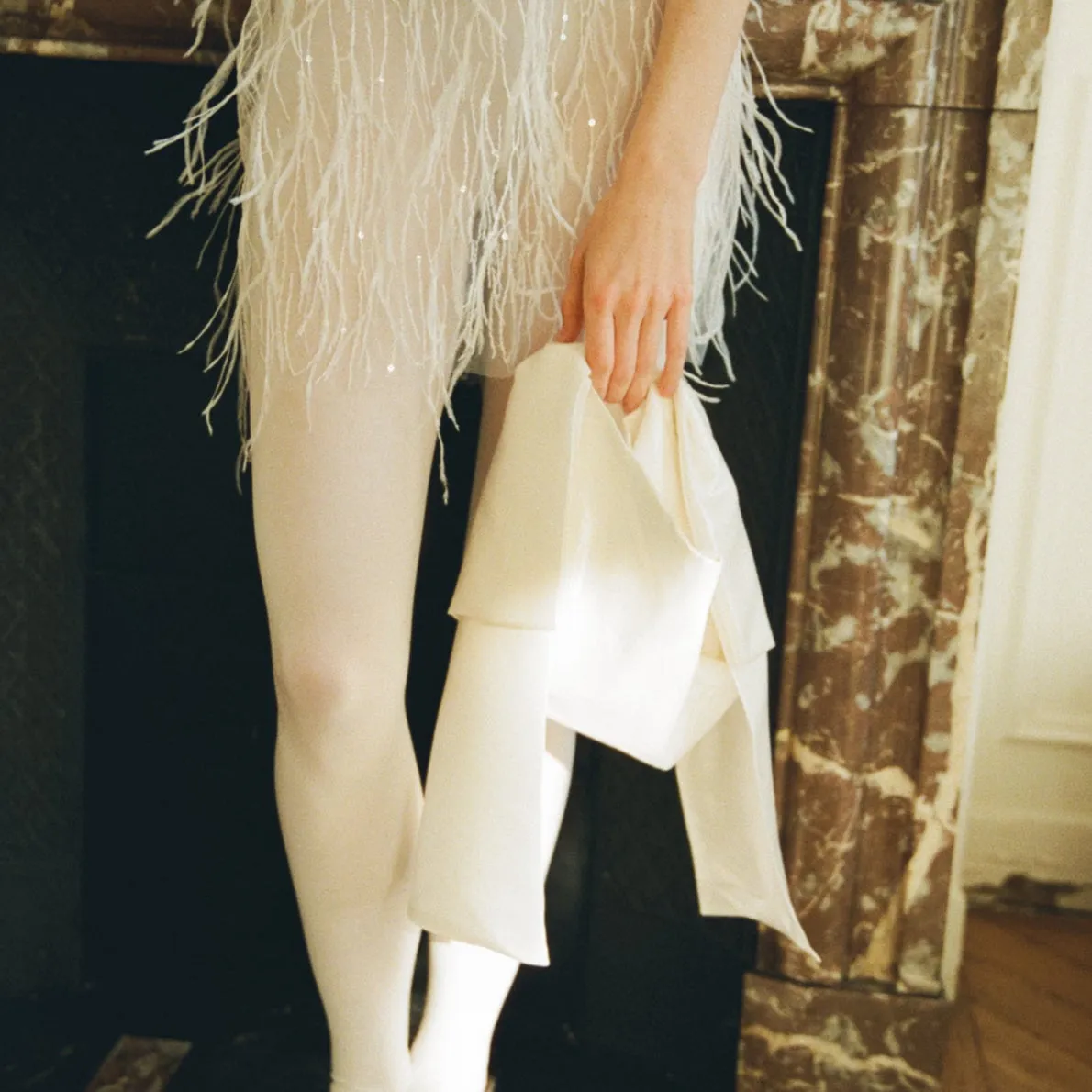 Exaggerated Bow Bag - White Metallic Silk Twill