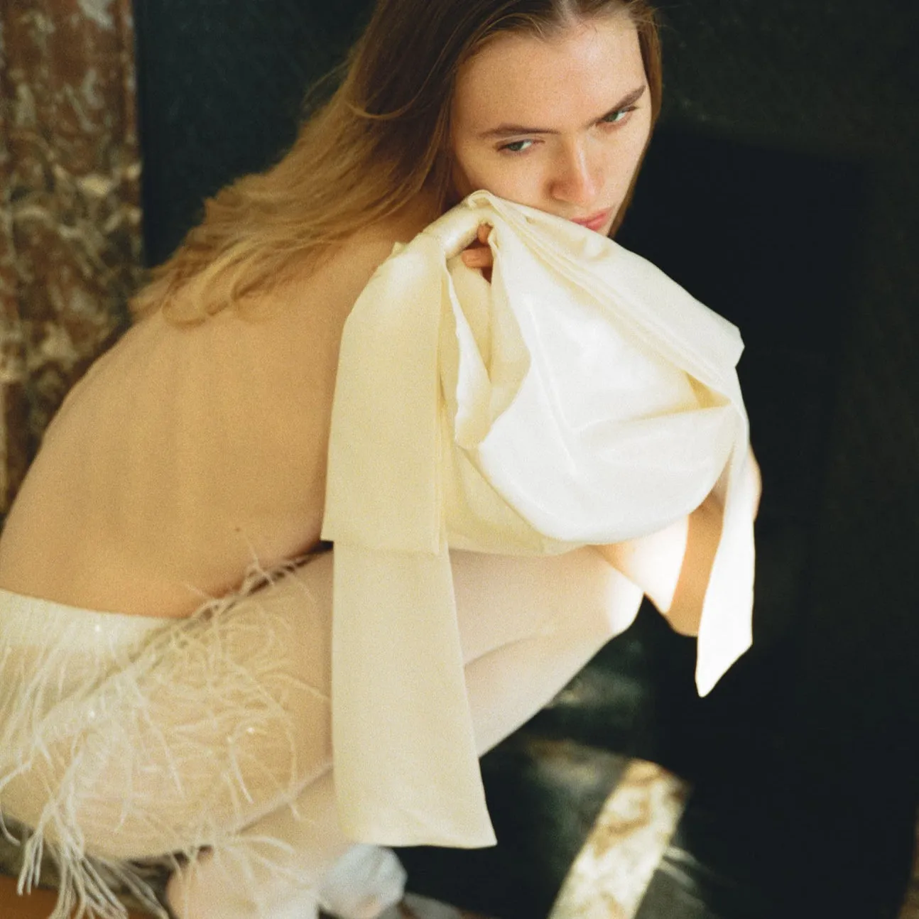 Exaggerated Bow Bag - White Metallic Silk Twill