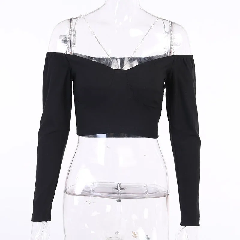 Fashion Stitching Diamond Chain Decoration One Shoulder Blouse Women