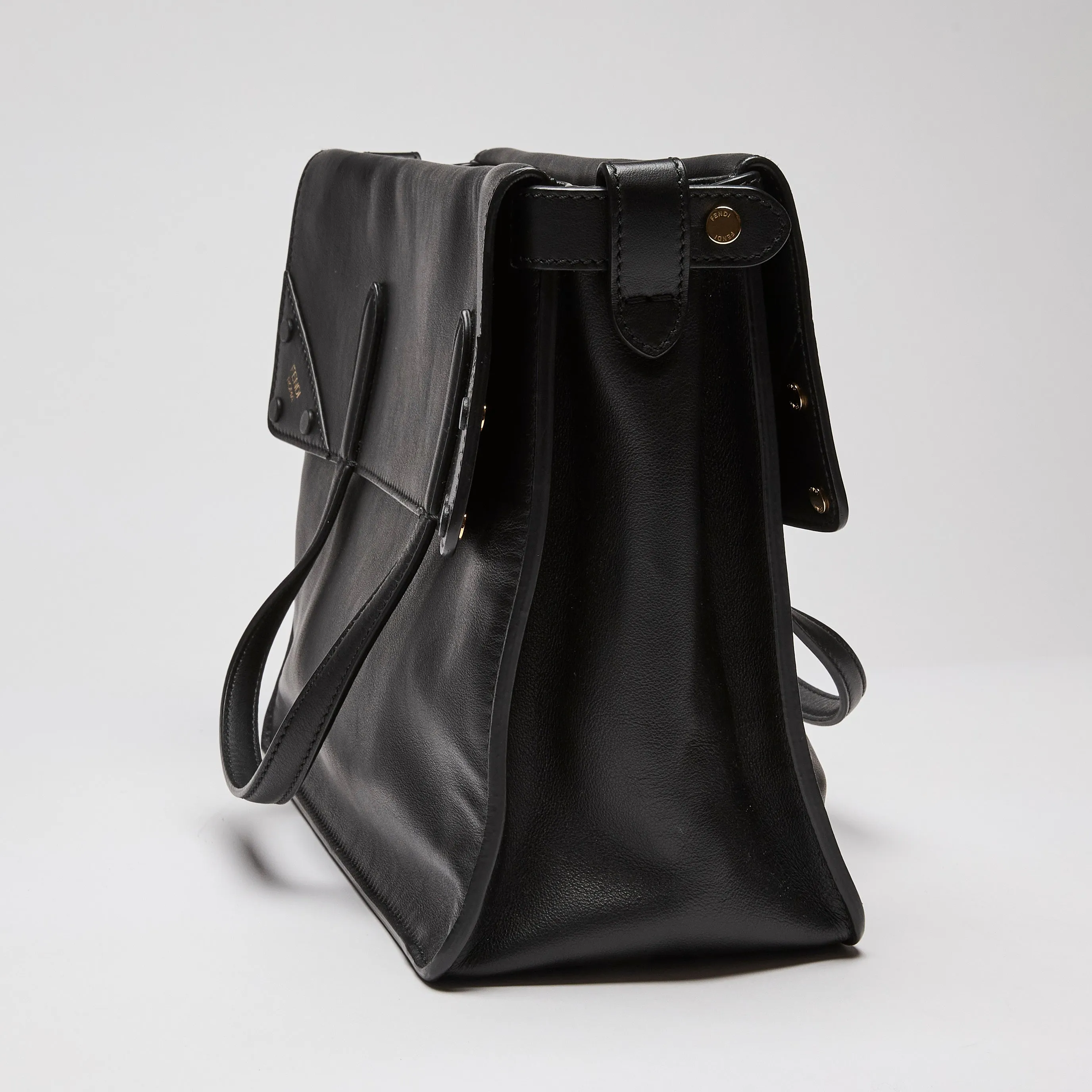 Fendi Vitello Grace Matte Flap Over Tote Black with Guitar Strap