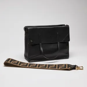 Fendi Vitello Grace Matte Flap Over Tote Black with Guitar Strap