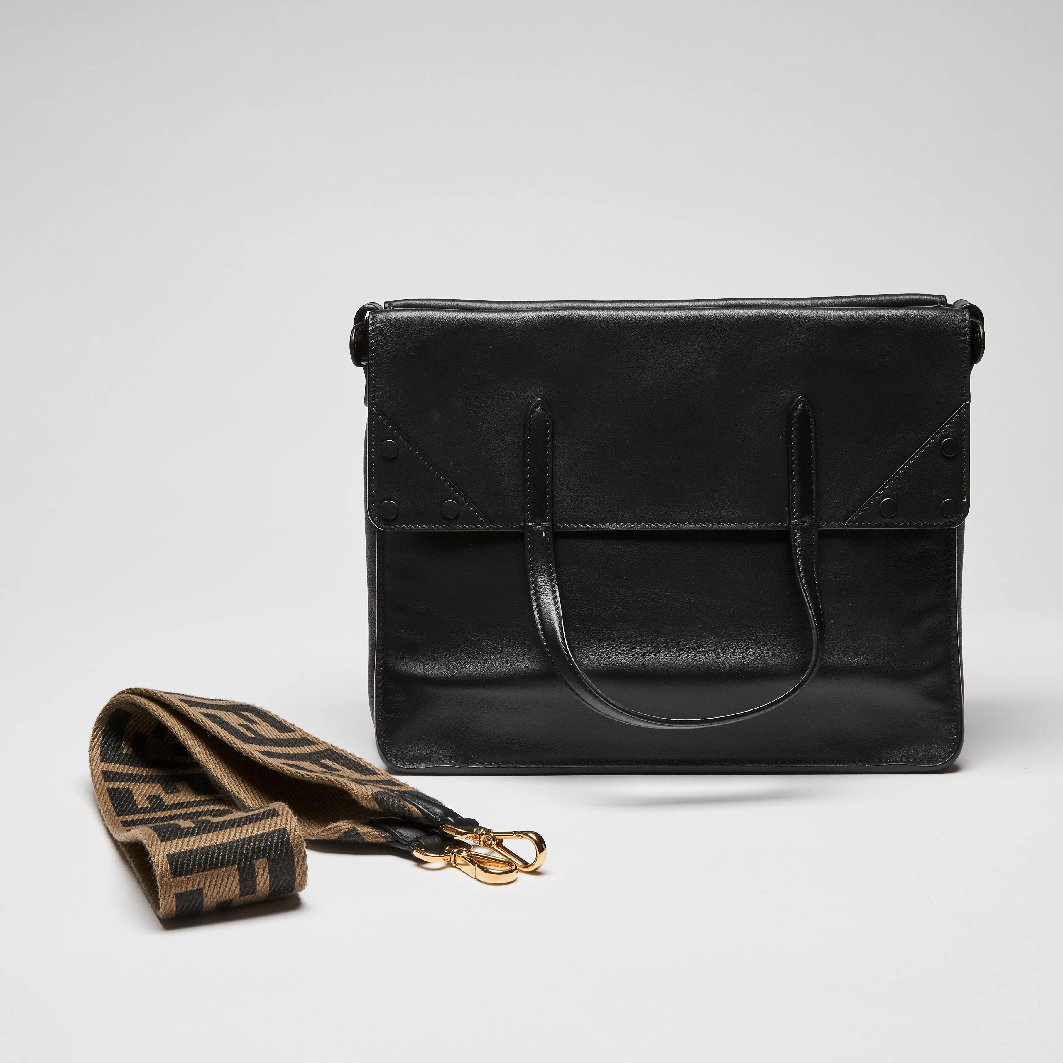 Fendi Vitello Grace Matte Flap Over Tote Black with Guitar Strap
