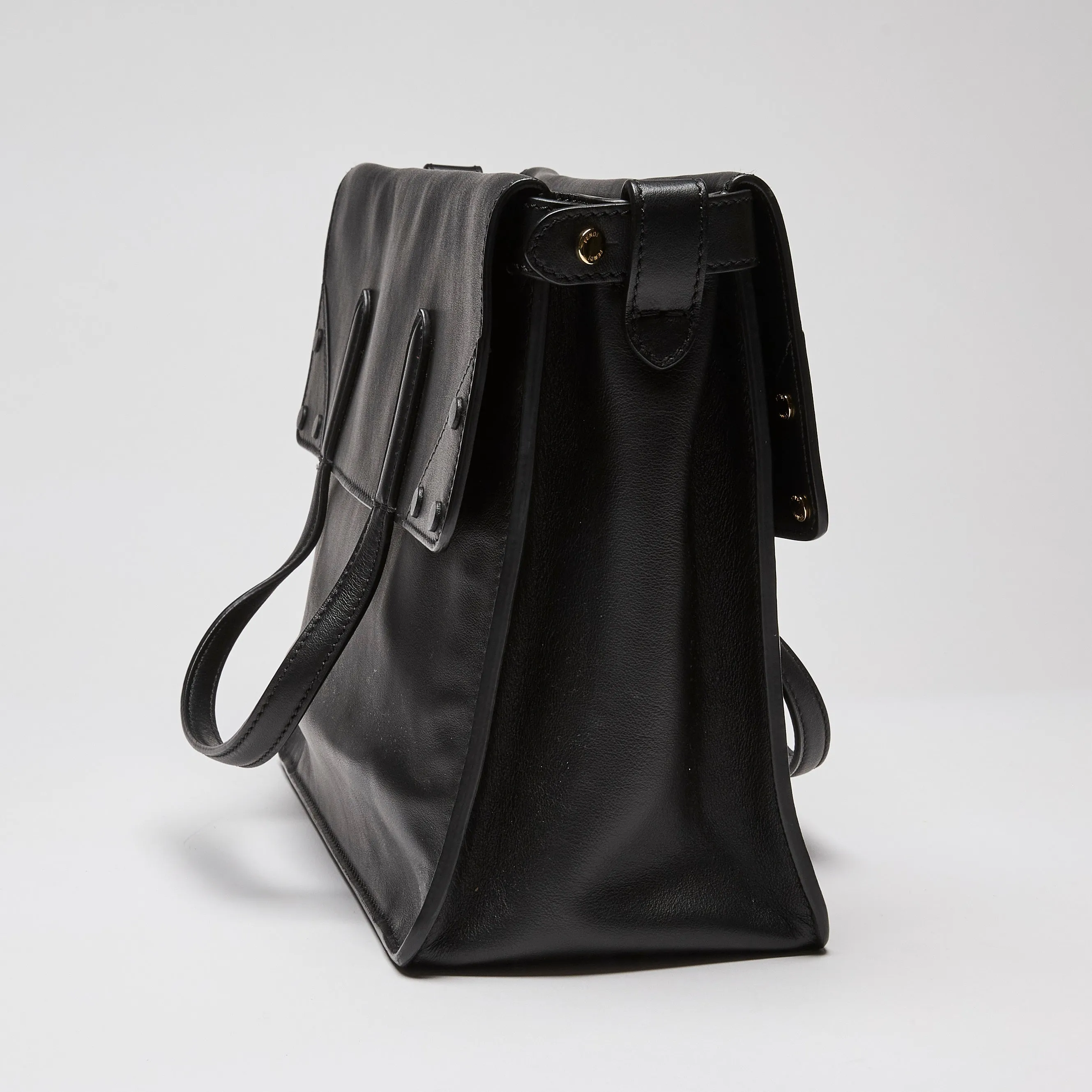 Fendi Vitello Grace Matte Flap Over Tote Black with Guitar Strap