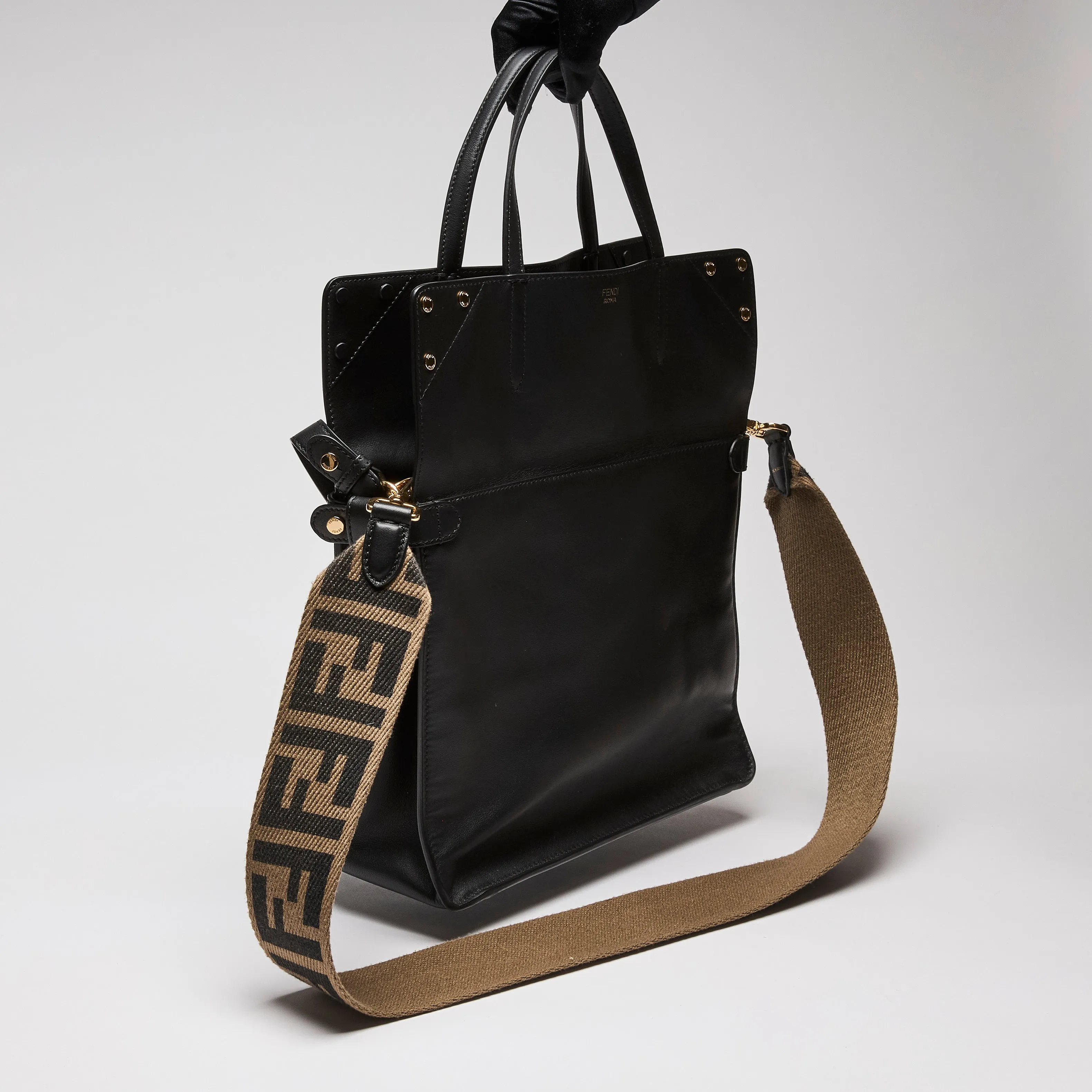 Fendi Vitello Grace Matte Flap Over Tote Black with Guitar Strap