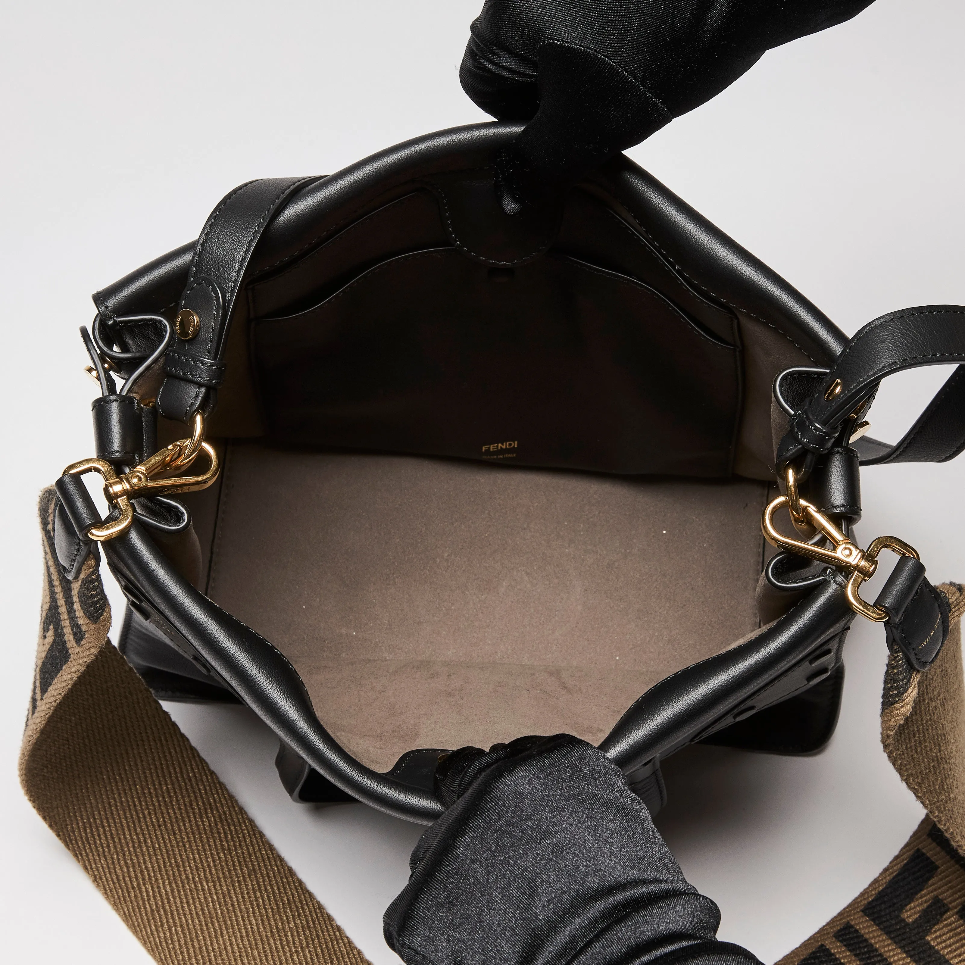 Fendi Vitello Grace Matte Flap Over Tote Black with Guitar Strap
