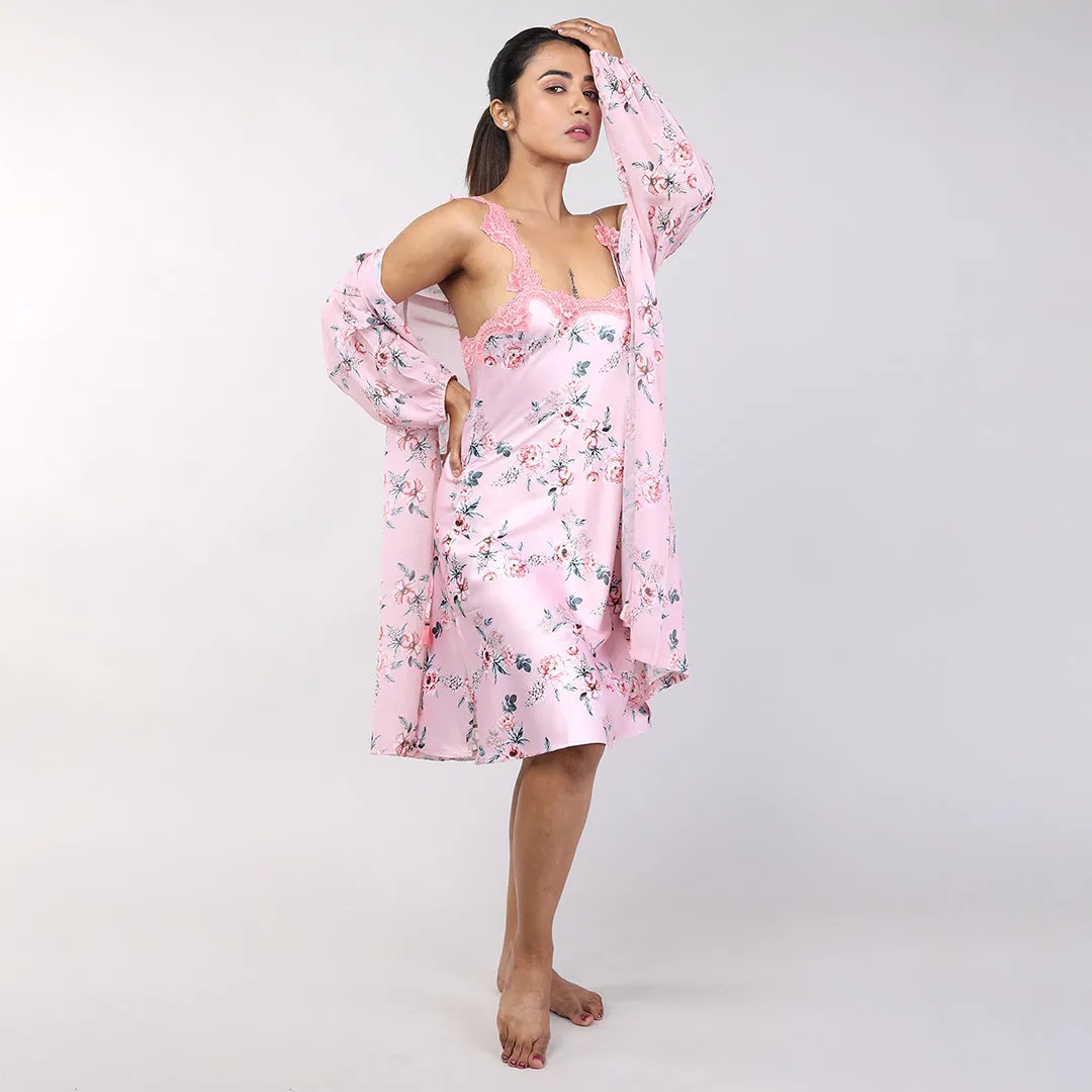Floral Peach Women's Short Nighty Gown Set